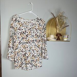 Artisan Ny White Floral V-Neck Blouse with Mustard & Burgundy